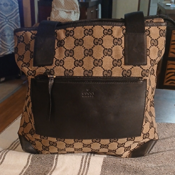 Authentic Gucci Canvas Leather Black And Brown Bag - Picture 1 of 16